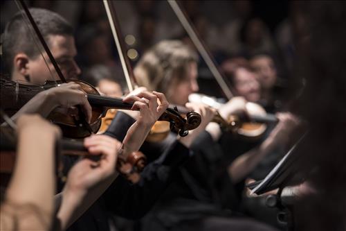 This track includes only orchestral strings - First violins, violas, cellos & basses.
<br><br>
A modern trend in video is to have classical music playing behind a scene where a villian / enemy is doing something evil.